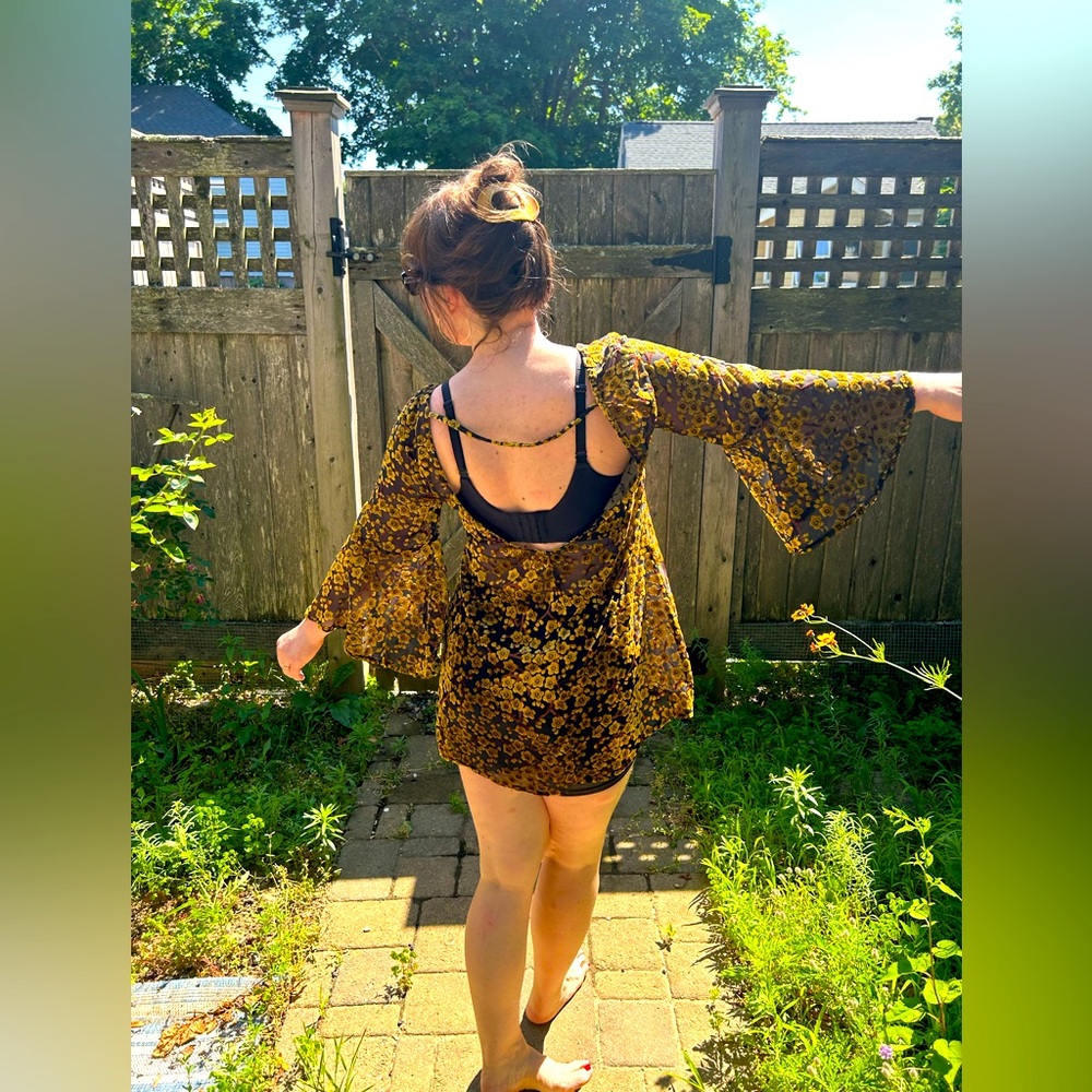 Funky Gold Velvet Floral Sheer Dress Low Back